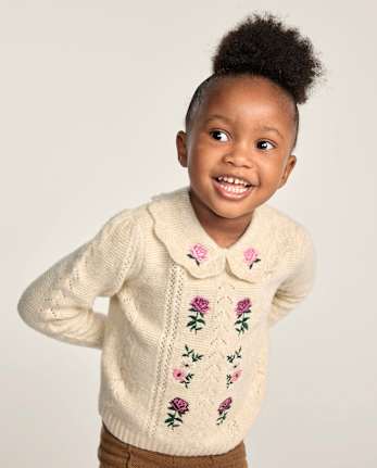 Girls Embroidered Floral Peter Pan Sweater - Countryside Manor