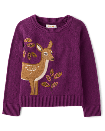 Girls Embroidered Deer Sweater - Countryside Manor