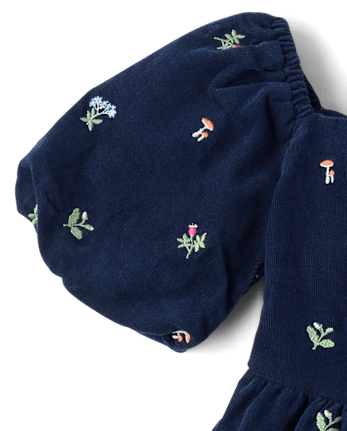 Girls Embroidered Floral Corduroy Ruffle Dress - Blue Sky Mountain