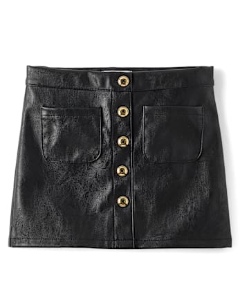 Girls Button Faux Leather Skirt - The Leopard Edit