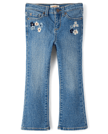 Girls Embroidered Floral Flare Jeans - Blue Sky Mountain