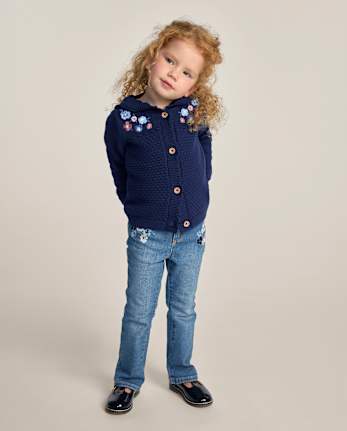 Girls Embroidered Floral Flare Jeans - Blue Sky Mountain