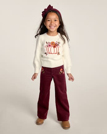 Girls Embroidered Floral Corduroy Wide Leg Pants - The Harvest Edit