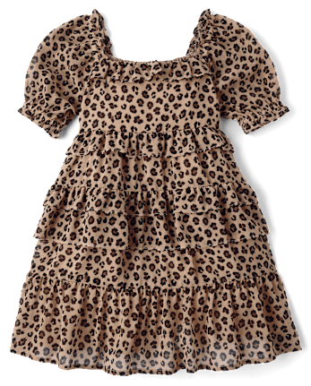 Girls Leopard Chiffon Tiered Ruffle Dress - The Leopard Edit