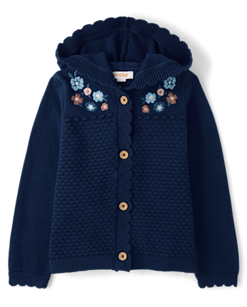 Girls Embroidered Floral Scalloped Cardigan - Blue Sky Mountain