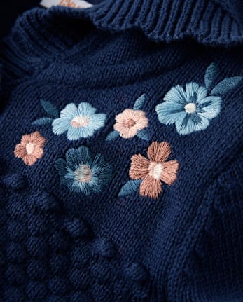 Girls Embroidered Floral Scalloped Cardigan - Blue Sky Mountain