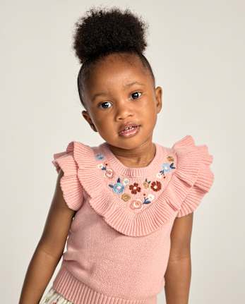 Girls Embroidered Floral Ruffle Sweater Top - Blue Sky Mountain