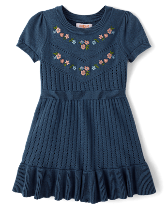 Girls Embroidered Floral Peplum Sweater Dress - Blue Sky Mountain