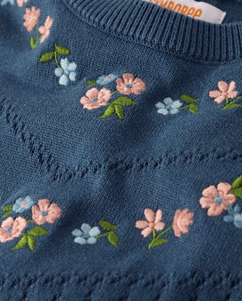 Girls Embroidered Floral Peplum Sweater Dress - Blue Sky Mountain