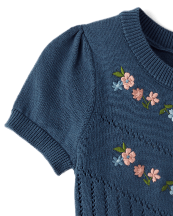 Girls Embroidered Floral Peplum Sweater Dress - Blue Sky Mountain