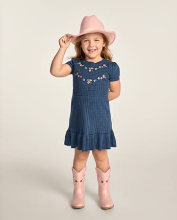 Girls Embroidered Floral Peplum Sweater Dress - Blue Sky Mountain