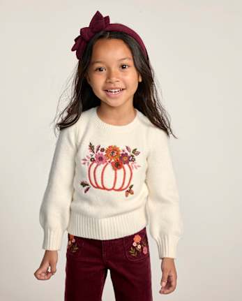 Girls Embroidered Floral Pumpkin Sweater - The Harvest Edit