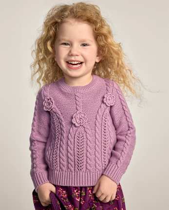 Girls Crochet Floral Cable Knit Sweater - Countryside Manor