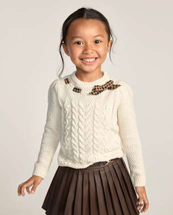 Girls Plaid Bow Puff Sleeve Sweater - Countryside Manor
