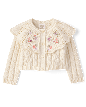 Baby Girls Embroidered Floral Cable Knit Ruffle Cardigan - Countryside Manor