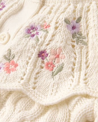 Baby Girls Embroidered Floral Cable Knit Ruffle Cardigan - Countryside Manor