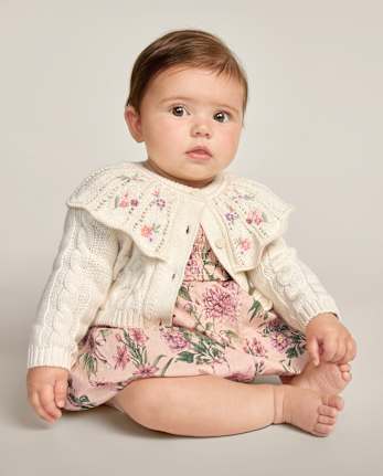 Baby Girls Embroidered Floral Cable Knit Ruffle Cardigan - Countryside Manor