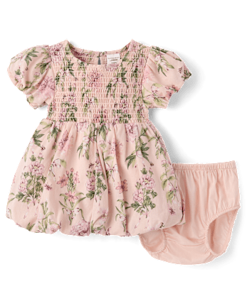 Baby Girls Floral Smocked Bubble Dress - Countryside Manor - PALE BLUSH