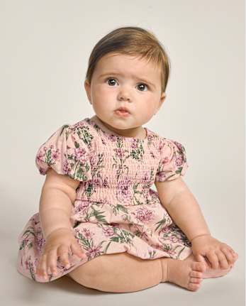 Baby Girls Floral Smocked Bubble Dress - Countryside Manor - PALE BLUSH