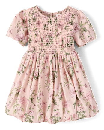 Girls Floral Smocked Bubble Dress - Countryside Manor - PALE BLUSH