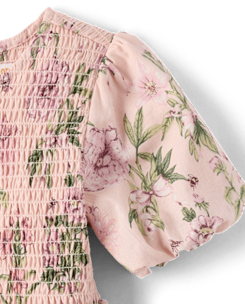 Girls Floral Smocked Bubble Dress - Countryside Manor - PALE BLUSH