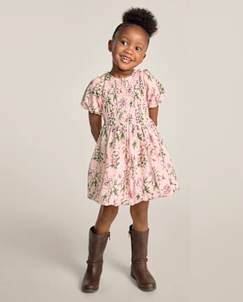 Girls Floral Smocked Bubble Dress - Countryside Manor - PALE BLUSH