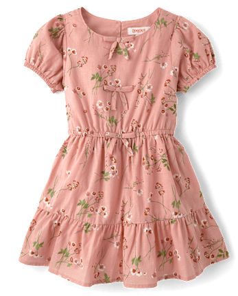 Girls Floral Bow Puff Sleeve Dress - Blue Sky Mountain