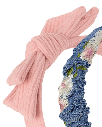 Girls Embroidered Floral Bow Headband 2-Pack - Blue Sky Mountain