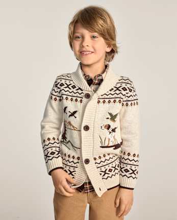 Boys Intarsia Dog Fairisle Shawl Cardigan - Countryside Manor