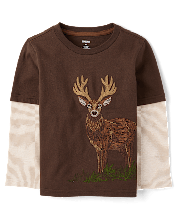 Boys Embroidered Deer Layered Top - Countryside Manor - WALNUT