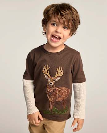 Boys Embroidered Deer Layered Top - Countryside Manor - WALNUT