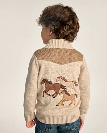 Boys Embroidered Horse Shawl Cardigan - Blue Sky Mountain