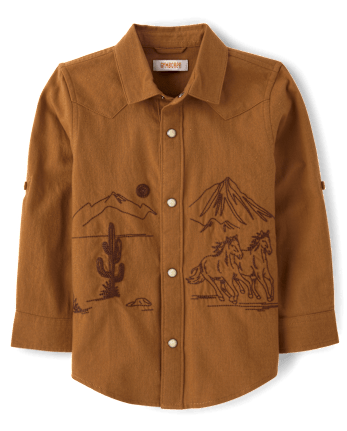 Boys Embroidered Horse Flannel Snap Front Shirt - Blue Sky Mountain