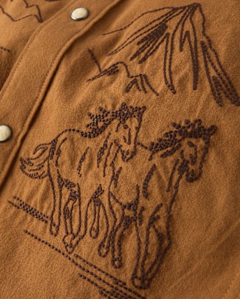 Boys Embroidered Horse Flannel Snap Front Shirt - Blue Sky Mountain