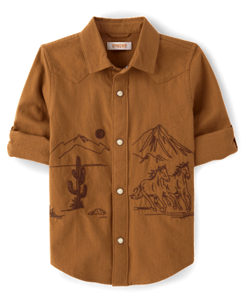 Boys Embroidered Horse Flannel Snap Front Shirt - Blue Sky Mountain