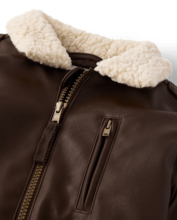 Boys Faux Leather Bomber Jacket - Countryside Manor - BROWN BEAR