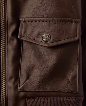 Boys Faux Leather Bomber Jacket - Countryside Manor - BROWN BEAR