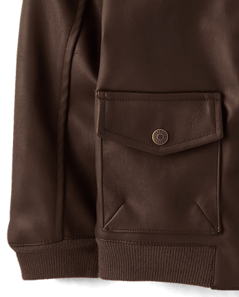 Boys Faux Leather Bomber Jacket - Countryside Manor - BROWN BEAR