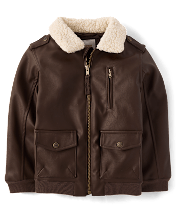 Boys Faux Leather Bomber Jacket - Countryside Manor - BROWN BEAR