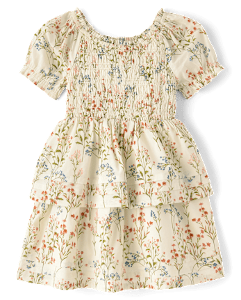 Girls Floral Smocked Pintuck Dress - Blue Sky Mountain