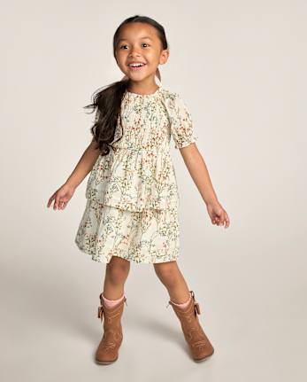 Girls Floral Smocked Pintuck Dress - Blue Sky Mountain
