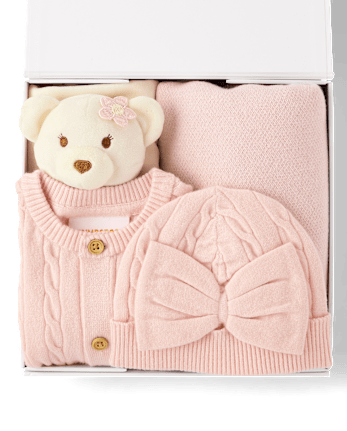 Baby Girls Cable Knit 4-Piece Gift Box Set - PALE BLUSH