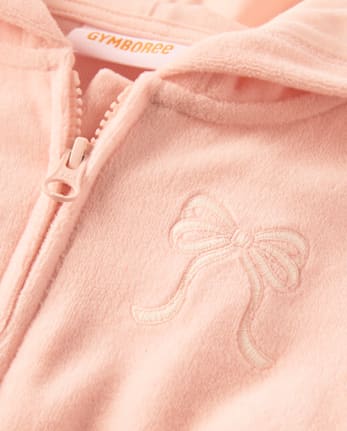 Girls Embroidered Bow Velour Zip Up Hoodie - Le Petite Ballet