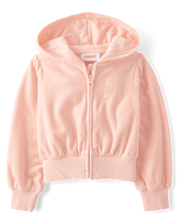 Girls Embroidered Bow Velour Zip Up Hoodie - Le Petite Ballet