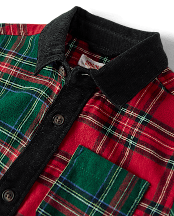 Boys Plaid Colorblock Button Up Shirt - Tartan Remix - FIR