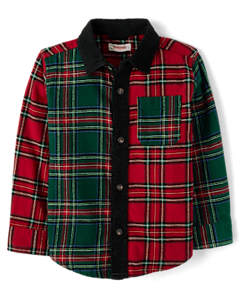 Boys Plaid Colorblock Button Up Shirt - Tartan Remix - FIR