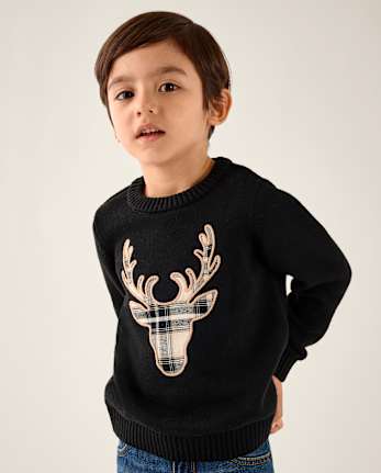 Boys Embroidered Plaid Reindeer Sweater - Tartan Remix - BLACK