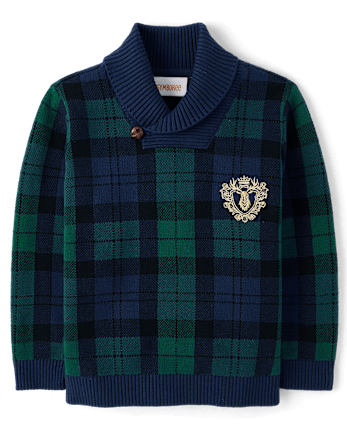 Boys Plaid Shawl Collar Sweater - Tartan Remix - FIR