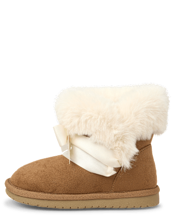 Girls Bow Faux Fur Chalet Boots - Little Essentials - TAN
