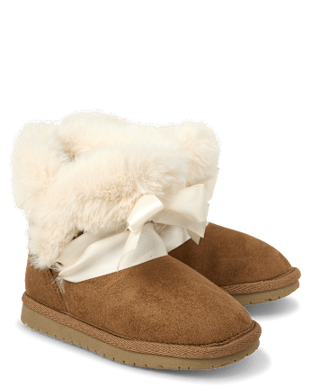 Girls Bow Faux Fur Chalet Boots - Little Essentials - TAN